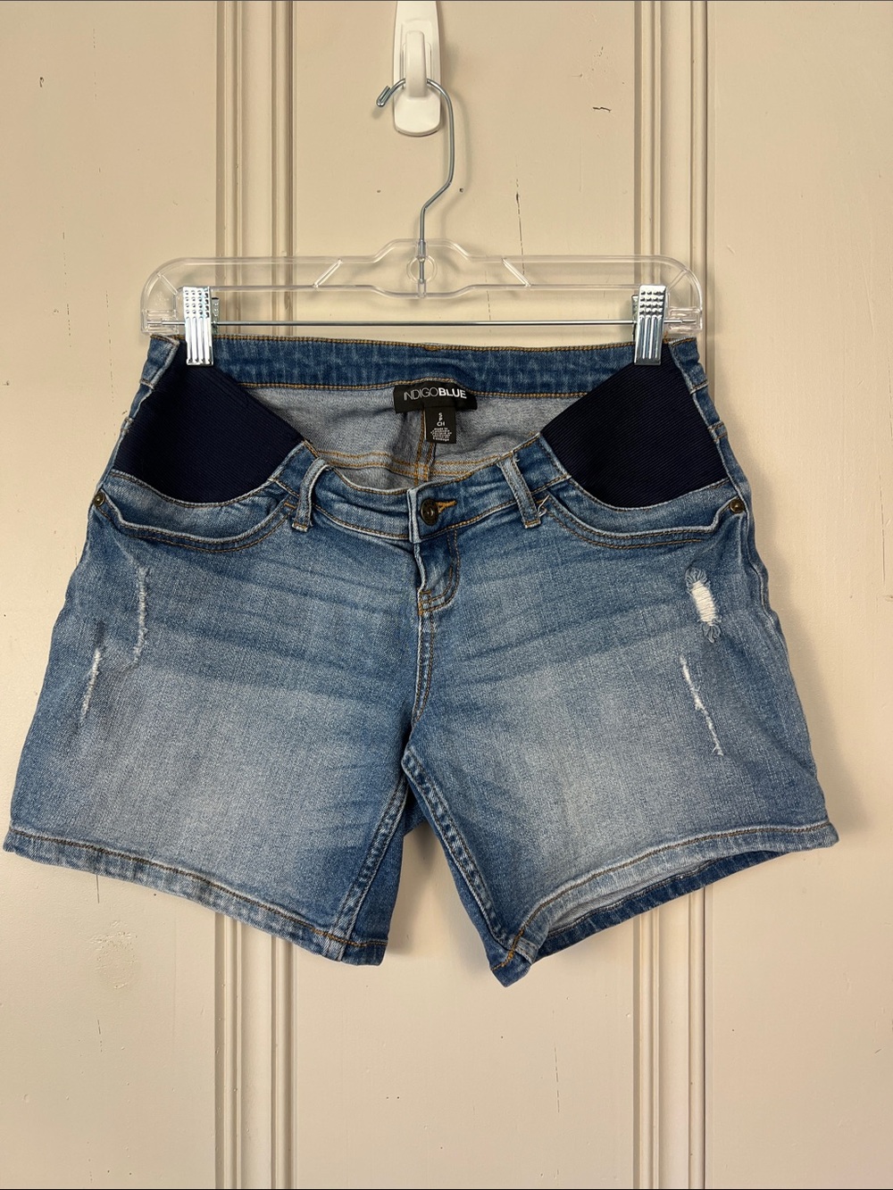 Indigo Blue Maternity Jean Shorts Size 6 Under Belly Stretch Panel EUC